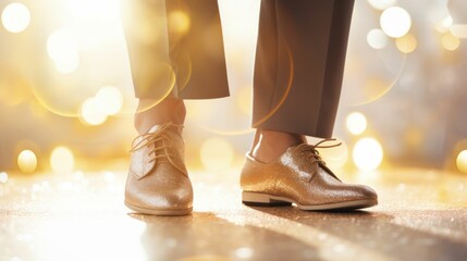 Stylish Men's Dance Shoes on Glittering Bokeh Background. Generative AI