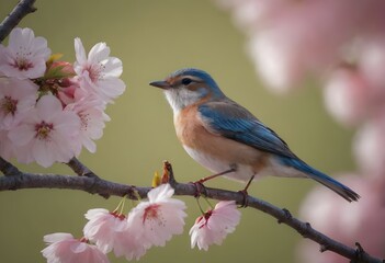 Vibrant Pink and Blue Bird Perched Among Spring Cherry Blossoms in Full Bloom
