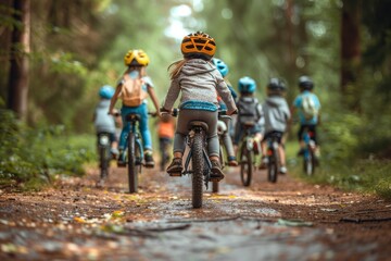 Fototapeta premium An adventurous scene of children on a bike trail through a forest, captured from a low perspective, highlighting motion