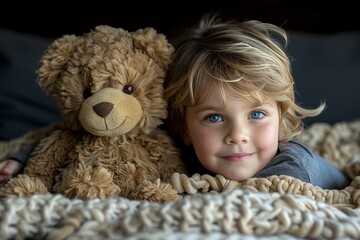 A smiling young child lies comfortably with a teddy bear, conveying warmth and happiness
