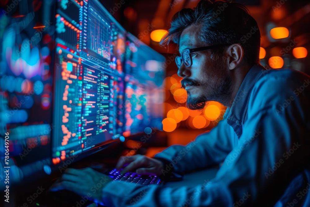 Poster a man is intensely focused on coding or data analysis on his computer, surrounded by glowing screens