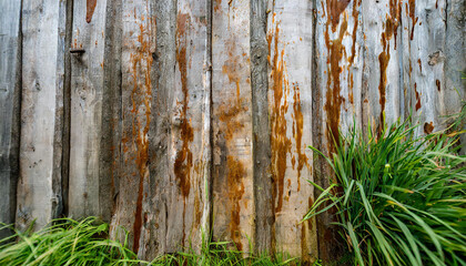 closeup image of a dirty wall covered in various stains resembling brown liquid, mold, and soil. The natural materials such as wood and grass