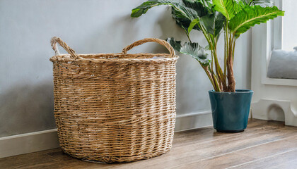 Fototapeta na wymiar Close-up of a contemporary interior wicker laundry basket.