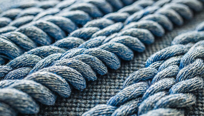closeup of a woolen blue sweater with intricate braids, reminiscent of denim and electric blue hues, resembling a rope design