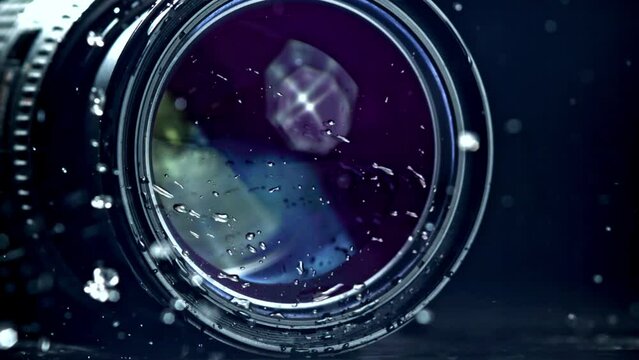 Super slow motion drops of water fall on camera, lens. High quality FullHD footage