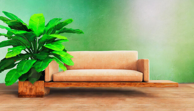 cozy couch with green indoor plant on wooden podest, isolated on infinite background; 3D rednering