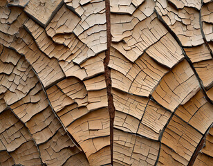 detailed closeup of a cracked brown wall with peeling paint, showcasing a unique pattern resembling wood grain, artfully blending building material and paint into an intriguing visual display