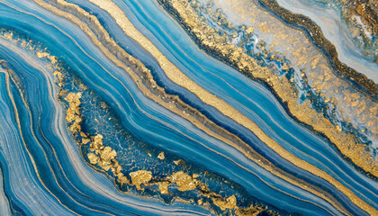detailed view capturing the intricate details of a blue and gold marble texture, resembling a fluid landscape of electric blue patterns and rock