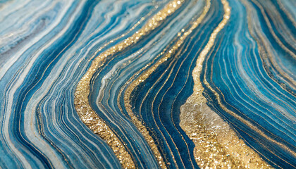 detailed view capturing the intricate details of a blue and gold marble texture, resembling a fluid...