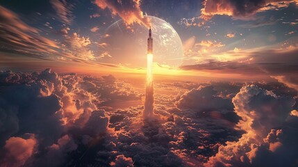 A rocket ship leaving Earths atmosphere, surrounded by swirling clouds of smoke and flames ,super realistic,soft shadown - obrazy, fototapety, plakaty