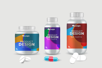 Multi vitamin label sticker design and natural calcium food supplement bottle packaging, capsule or tablet bottle jar label vitamin oil product print ready vector modern vector eps. - obrazy, fototapety, plakaty