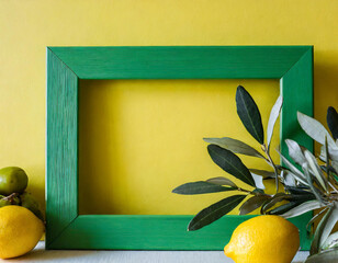 green rectangle picture frame with lemons, olive branches, and ananas on a yellow background. The font is bright green, adding a pop of color to the room