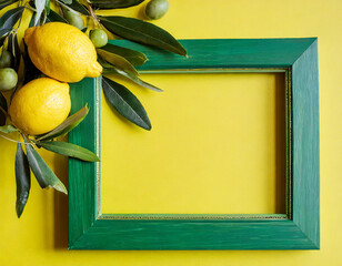green rectangle picture frame with lemons, olive branches, and ananas on a yellow background. The font is bright green, adding a pop of color to the room
