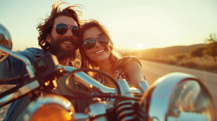 Young smiling couple during partnership riding an old motorcycle. Young people enjoy life and travel through the countryside while shining sun