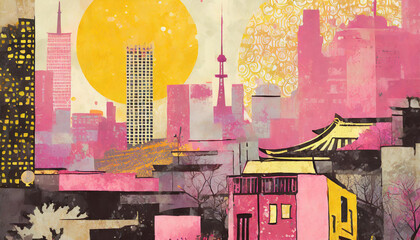 grunge pink and yellow collage poster with asian cityscape, anime style, different mixed textures