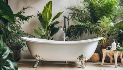 In a serene bathroom, a white bathtub is surrounded by lush green plants creating a calming natural ambiance