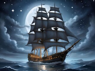 detailed drawing a sailing ship on a moonlit sea under glittering stars Fantasy illustration fine art print,