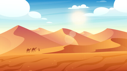 Fototapeta na wymiar Desert landscape. Vector illustration of desert with sand dunes, sun, hills, camel caravan. Hot african or wild western mexican nature. Gold desert in sunset. Arabic man in Sahara desert