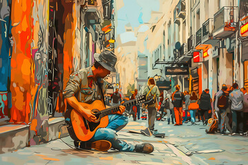 Man playing guitar happily at the street, street music concept