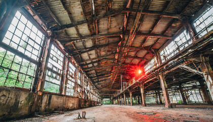 inside a big old abandoned industrial factory with red light