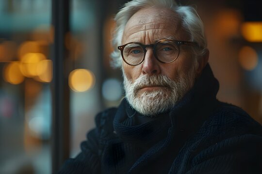 Elderly man wearing a turtleneck sweater poses in a cityscape with a modern technology background. Concept Fashion Photography, Elderly Models, Urban Setting, Technology Background