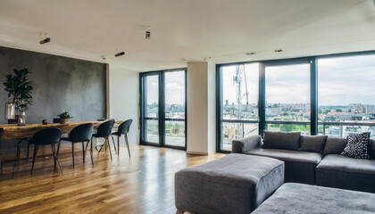 Fototapeta premium luxurious loft apartment with floor-to-ceiling windows and panoramic view; modern minimalistic interior design of living room area