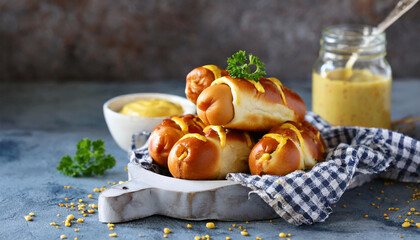 Mini pretzel hot dog pigs in a blanket with dijon mustard for dipping. with copy space image