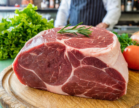 matured beef chop on a butcher counter, highlighting the deliciousness of fresh, juicy meat. Closeup, image, matured, beef, chop