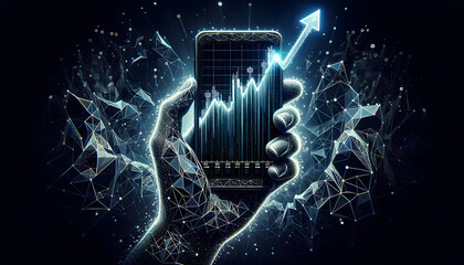 Hands presenting a holographic dollar sign with glowing stock market graphs in the background.