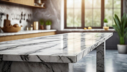 Modern empty marble table top on blurry kitchen room interior background