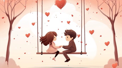 Delightful cartoon illustration, a young couple sits together joyfully, creating a charming atmosphere of happiness and love as they enjoy each other's company.
