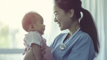 The nurse attentively cares for infants, offering warm and gentle support with compassion, ensuring their well-being in a nurturing and loving healthcare environment.