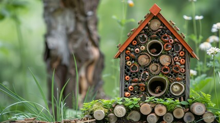 insect hotel set in the greenery, close up