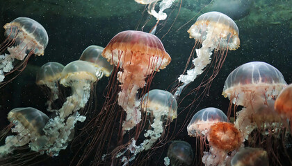 Numerous jellyfish are gracefully swimming in the ocean, their tentacles glowing brightly in the dark water