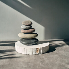 pebbles balancing on white plank on round stone with shade and placed on rock on gray surface against gray wall in day