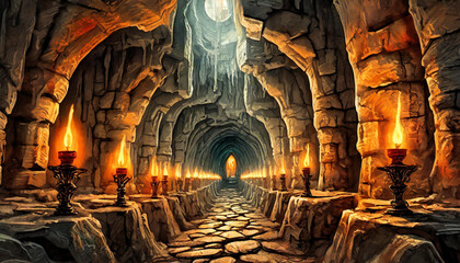 Scary endless, Fantasy Scary endless medieval catacombs with torches - obrazy, fototapety, plakaty