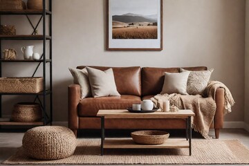 Stylish country-style living room with a brown sofa, lamp, and a decorative frame in a perfect composition.