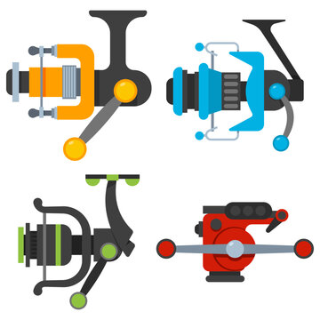 Fishing spinning reels vector cartoon set isolated on a white background.
