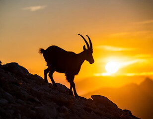 Silhouette of a mountain goat at sunset