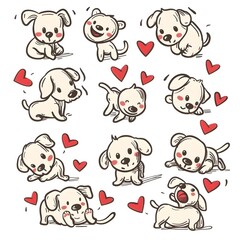 Cheerful Cartoon Canine Companions:A Doodle Set of Adorable Puppies in Playful Poses