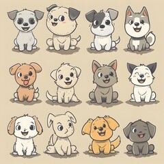 Fototapeta premium Whimsical Pups:A Delightful Collection of Cartoon Dog Characters in Doodle Style