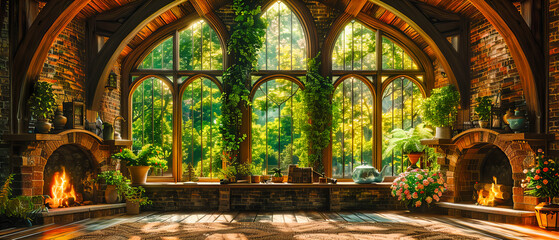 Verdant Garden View Through an Old Window, A Serene Glimpse Into Natures Beauty, Blending the Charm of Vintage and Greenery