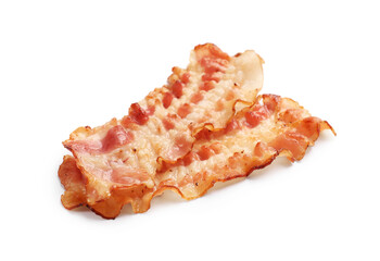 Delicious fried bacon slices isolated on white