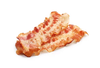 Foto op Canvas Delicious fried bacon slices isolated on white © New Africa