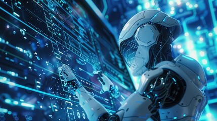 Computer programming wallpaper, computer programming images, A Robot programming on a computer screen, a futuristic computer scene