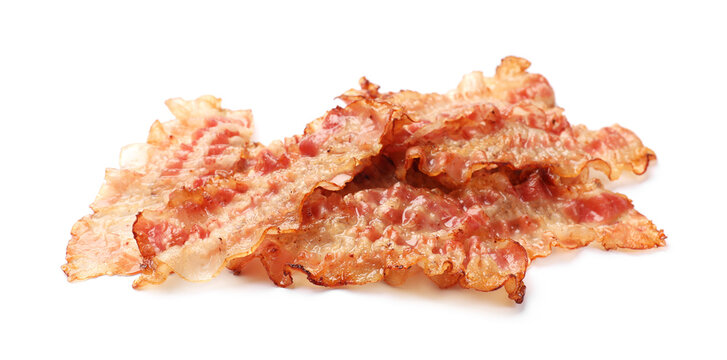 Delicious fried bacon slices isolated on white