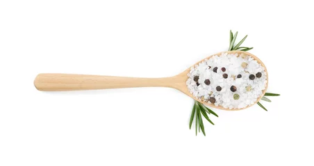 Foto op Canvas Salt with rosemary and peppercorns in spoon isolated on white, top view © New Africa