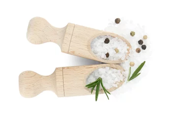 Tuinposter Salt with rosemary and peppercorns in scoops isolated on white, top view © New Africa