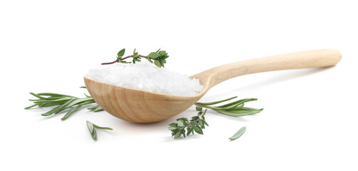 Salt with herbs in spoon isolated on white