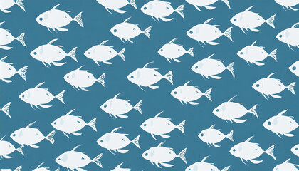 White Silhouette Fish Pattern On Blue Background.  Illustration. Animal Wallpaper. Menu. Banner. Backdrop. Sea Food